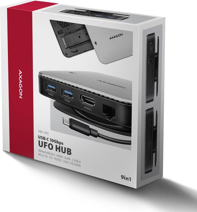 Produktbild Axagon HMC-UFO USB-C Hub, M.2 SATA/NVMe, 1 Gbit/s Ethernet, 384 kHz Audio - schwarz/silber (USB-C, 1 Port)