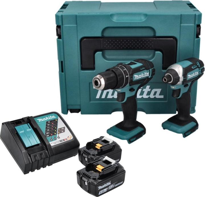 Productafbeelding Makita DLX 2131 TJ Batterij Combo Kit 18 V met DHP 482 62 Nm + DTD 152 165 Nm + 2x batterij 5.0 Ah + lader (Oplaadbare batterij)