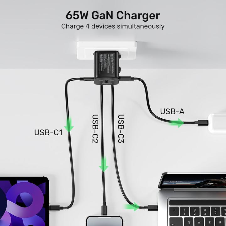 Actual product image Unitek riad EU/US/UK/AUS PD 65 watt travel charger (65 W, 4 ports)