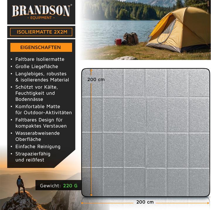 Produktbild Brandson Isomatte faltbar, Campingmatte, outdoor, ultraleicht, Aluminium, EPE-Schaum, 2x2x0,02 m, 200x200 cm