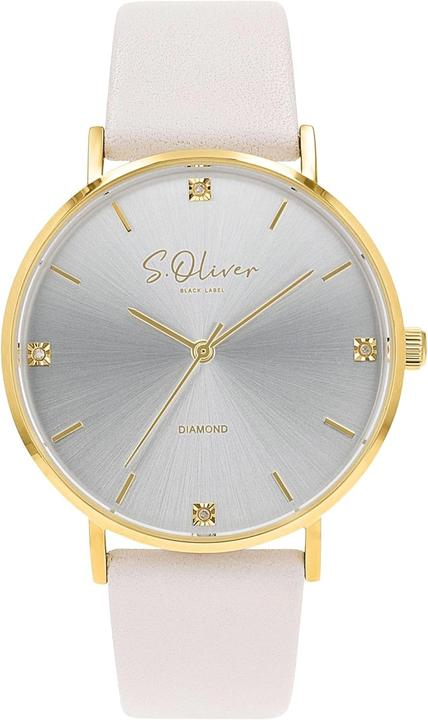 Actual product image s.Oliver Women's Diamond Watch with Leather Strap, Gold, Waterproof to 3 Bar, Gift Box (Watch with gemstone)