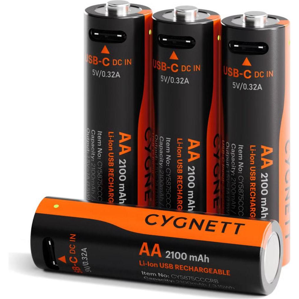 Cygnett AA USB-C Rechargeable Battery - 4 Pack - Black (4 pz., AA, 2100 mAh), Batterie + pile