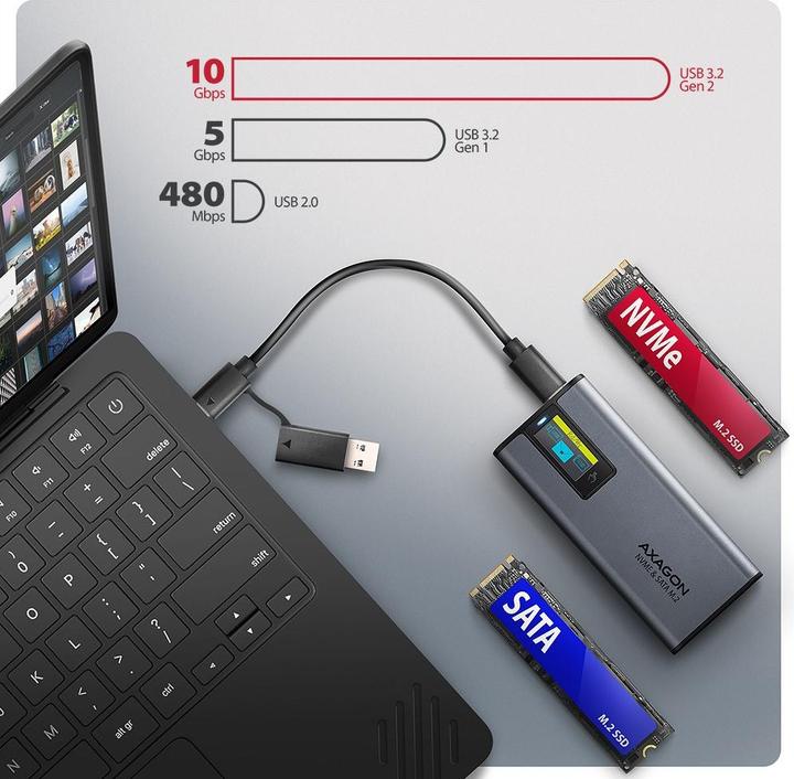 Produktbild Axagon Boitier externe USB-C 3.2 EEM2-SD2 - S-ATA/NVMe M.2 Type 2280 (Noir) (M.2)