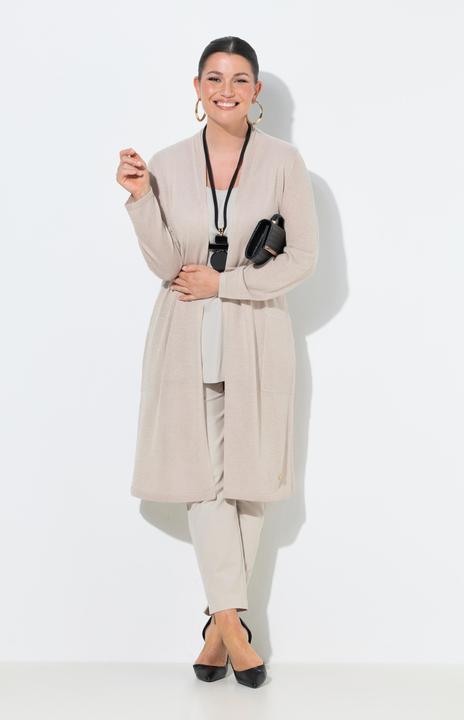 Produktbild Ulla Popken Long-Strickjacke, offene Form, V-Ausschnitt, Stehkragen (56)