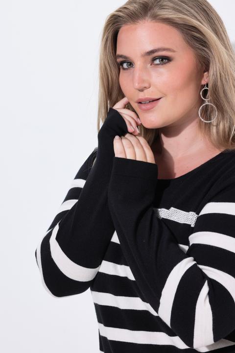 Image du produit Ulla Popken Pull à col rond et manches longues, rayures et strass (42, 44)