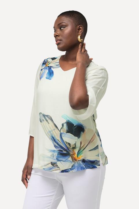 Produktbild Ulla Popken Bluse, Blüten, Oversized, V-Ausschnitt, 3/4-Glockenärmel (58)