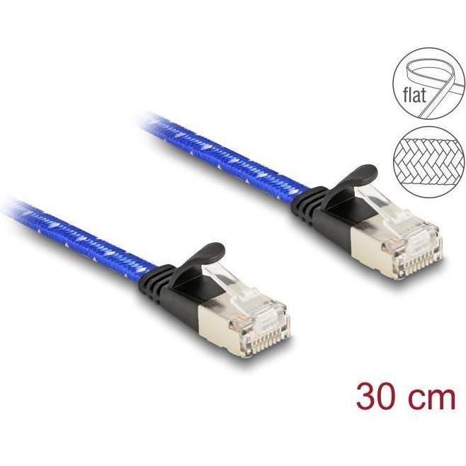 Delock RJ45 Flachband Netzwerkkabel mit Geflechtmantel Cat.6 (U/FTP, CAT6a, 0.30 m), Netzwerkkabel