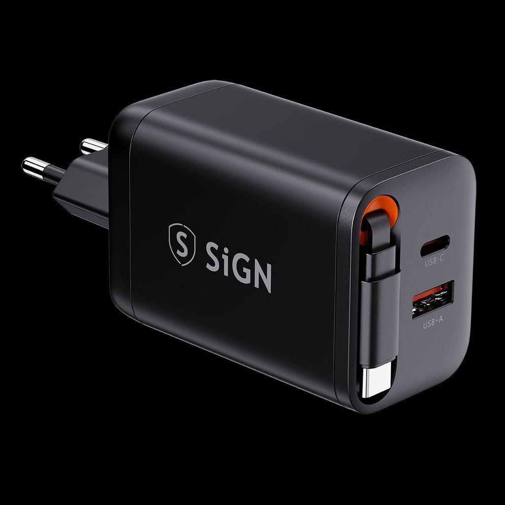 SIGN GaN Fast Charger USB-C/USB-A 65W with extendable USB-C cable - Black (65 W), Caricatore USB, Nero