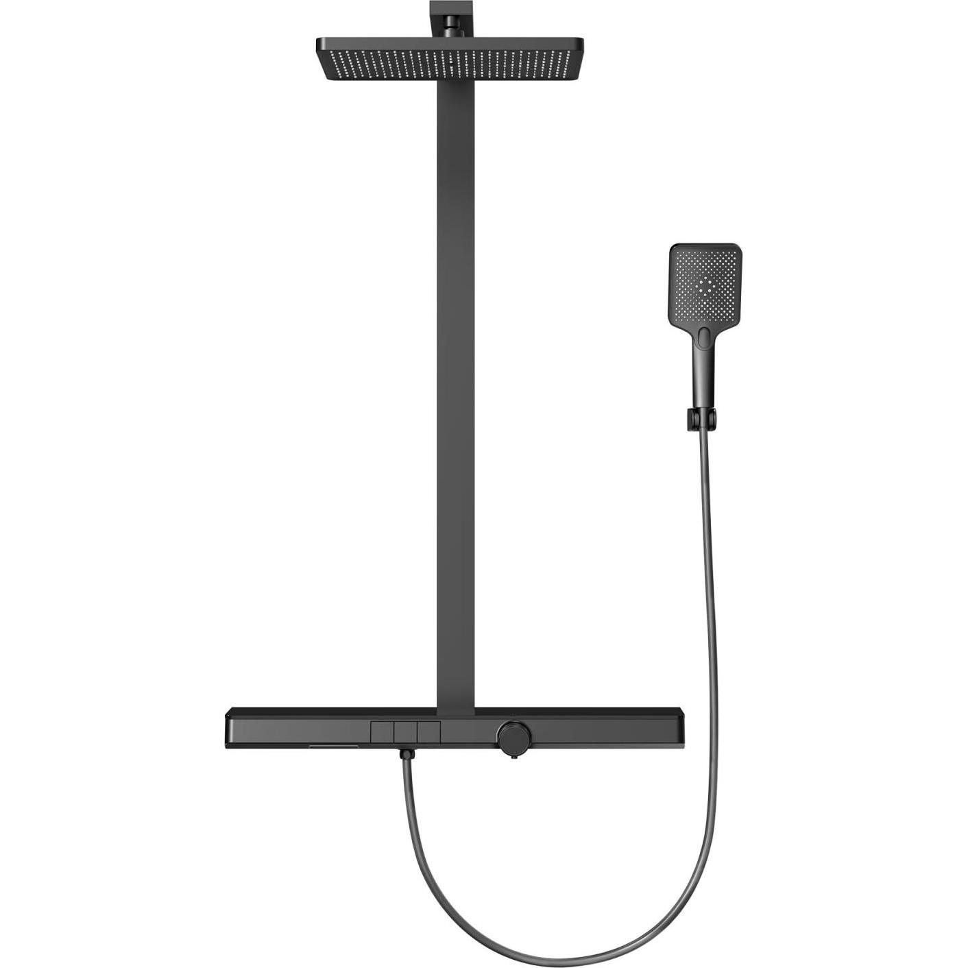 Emke, Duschsystem, Duschsystem mit Thermostat, Handbrause + Regendusche(3 Strahlstärken) + Unterer Auslass, Schwarz