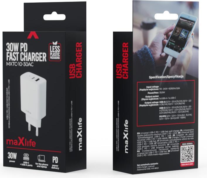 Produktbild Maxlife MXTC-10-30AC PD QC Ladegerät 1x USB-C 1x USB 30W weiss (30 W, 2 Ports)