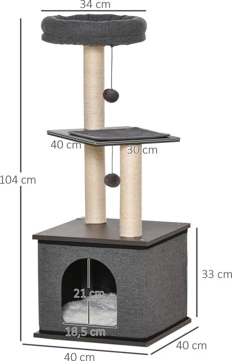 Immagine prodotto PawHut Albero per gatti con grotta per gatti e palline sospese (104 cm, Grigio scuro)