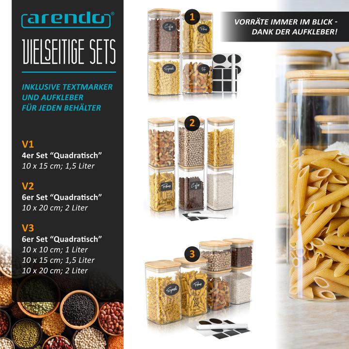Produktbild Arendo 6x 2 L Vorratsgläser, Glasbehälter, 6er Set, Borosilikat mit Deckel, Aufklebern & Textmarker (2 l)