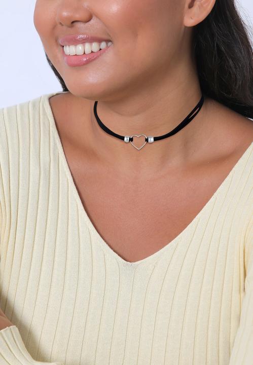 Produktbild Elli Halskette Choker Herz Velourband Schwarz 925 Silber (Kunstleder, 925er Sterling Silber, Keine Stein, 32 cm)