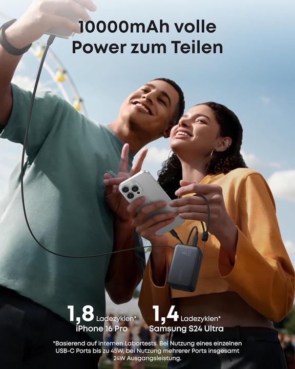 Produktbild Anker - Nano Powerbank mit integriertem Kabel, 45W, 10000mAh, USB-C, schwarz (10000 mAh, 45 W)