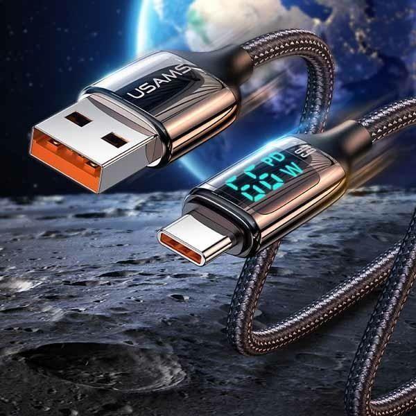Actual product image Usams Cable pleciony U78 USB-C 1.2m LED 6A Fast Charging czarny/black SJ544USB01 (US-SJ544) (1.20 m, USB 2.0, 66 W)