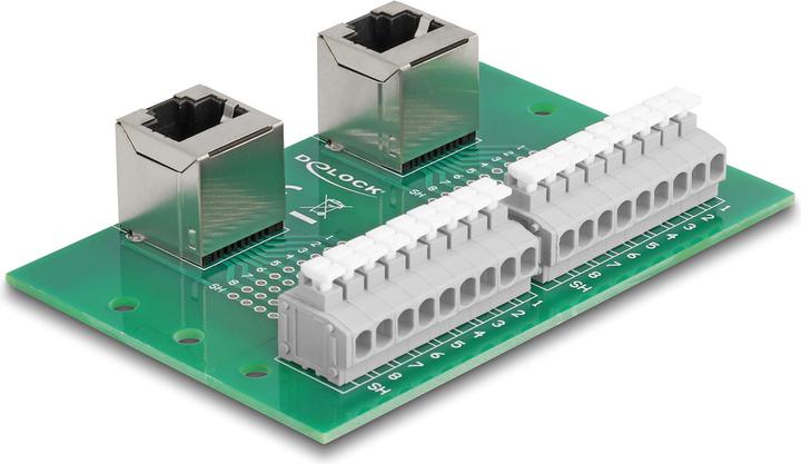 Produktbild Delock RJ45 2 x Buchse zu 2 x Terminalblock mit Drucktaster für Hutschiene gewin