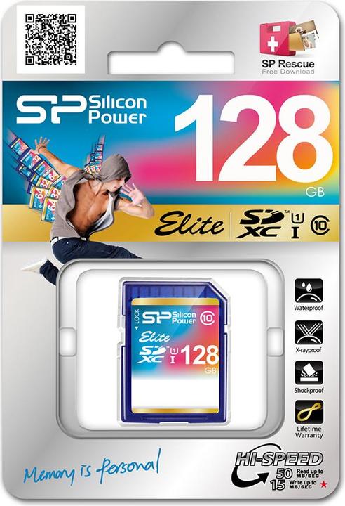 Actual product image Silicon Power Elite UHS-I 128GB SDXC 85/10 MBs SP128GBSDHAU1V10 (128 GB, SDXC, U1, UHS-I)
