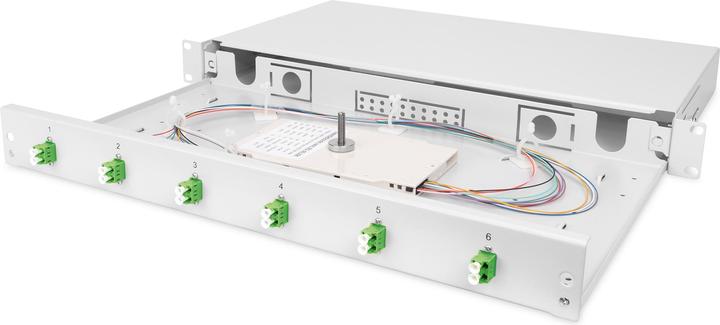 Immagine prodotto Digitus Scatola di giunzione FO, 1U, equipaggiata, 6x LC DX, OS2, APC incl. cassetta di giunzione, pigtail
