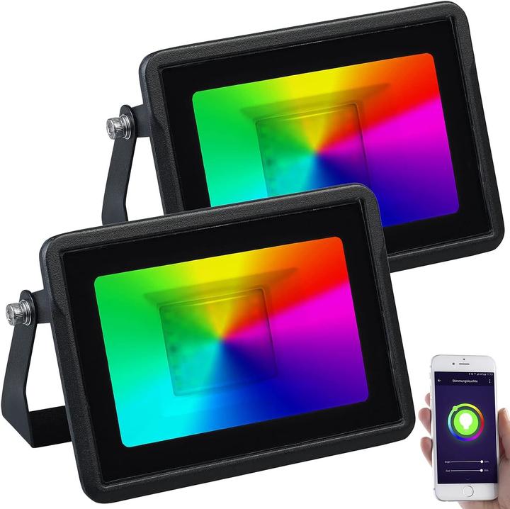 Actual product image Luminea Set of 2 WLAN RGB CCT floodlights with voice control (1500 lm, IP65)