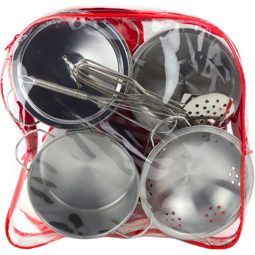 Lean Toys Küchenutensilien-Set im Rucksack - Töpfe und Löffel aus Metall, 12-teilig.