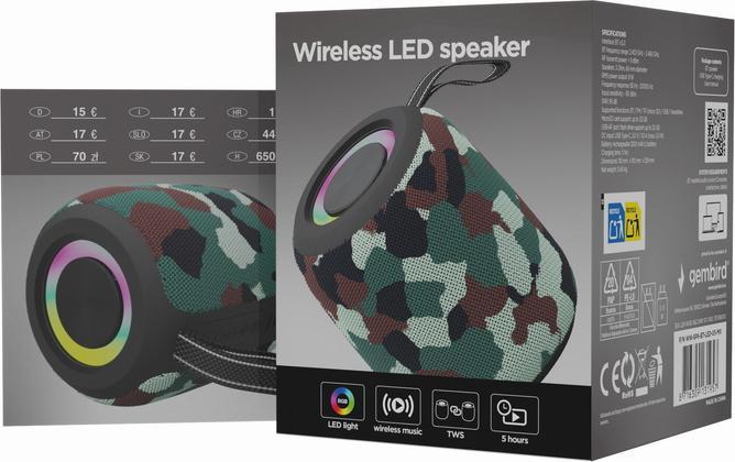 Productafbeelding Gembird Bedrade luidsprekers Draagbare Luidspreker|Camouflage|Draagbaar/Draadloos|Bluetooth|SPK-BT-LED-05-CM (4 h)