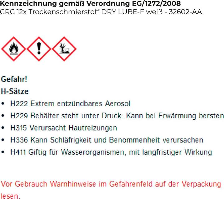 Nährwerte und Zutaten CRC PTFE-Trockenschmierstoff (500 ml)