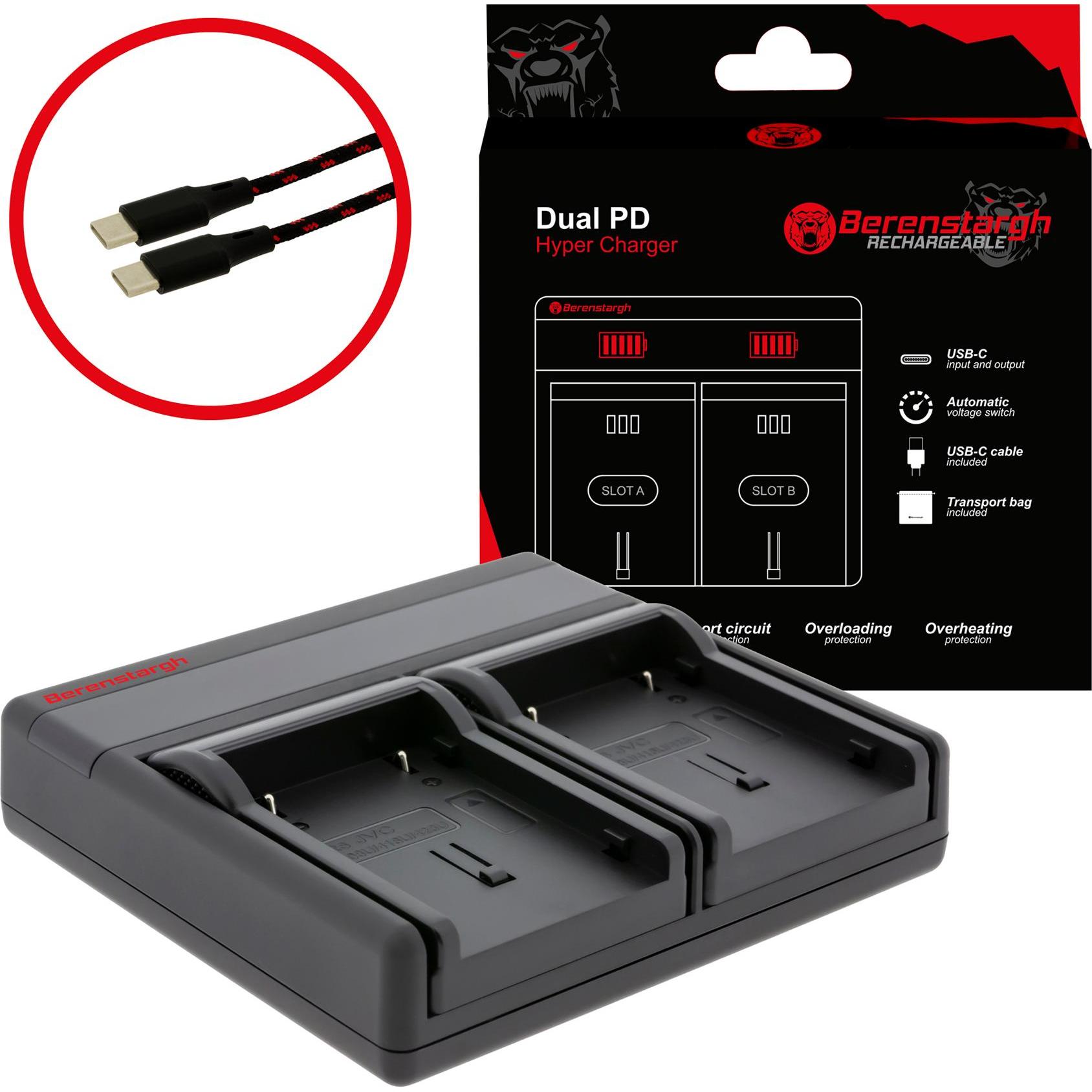 Berenstargh Dual PD Hyper Ladegerät f. JVC BN-V408U V416U V428U USB-C in/out Powerbankfunktion (Caricabatterie per fotocamere), Alimentatore fotocamer