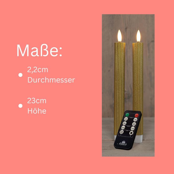 Actual product image Novaliv Stabkerzen LED mit Timer GOLD 2er indoor mit Timer Funktion 6 Stunden ECHTWACHS gerippt 23cm Höhe (2 x)
