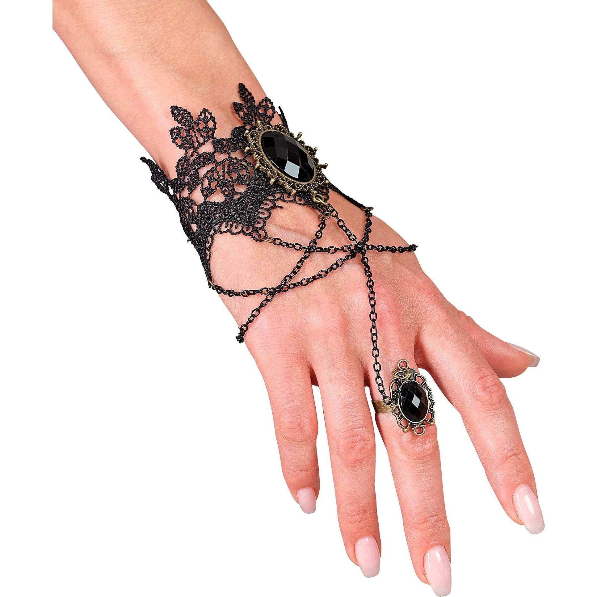 Smiffys Armband aus Spitze mit Ring und schwarzem Edelstein