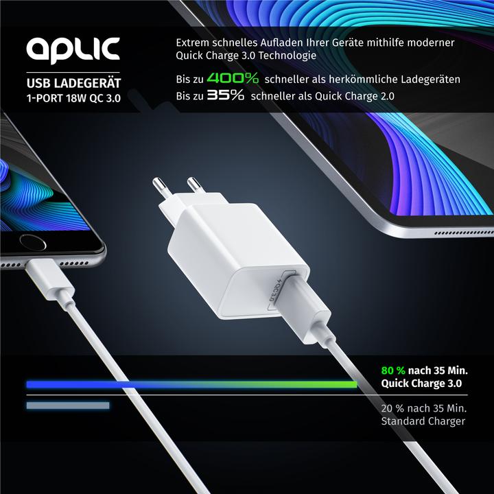 Image du produit Aplic Chargeur USB 18W Quick Charge 3.0, charge rapide, pour smartphones, tablettes, blanc (18 W, 1 portion)