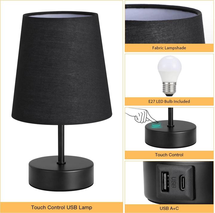 Produktbild Alopini Bedside Lamp Touch Dimmable, USB A+C Charging Function, Table Lamp with Lampshade (E27)