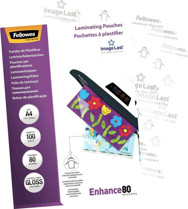 Produktbild Fellowes A4, 80 Mikron, selbsklebend (A4, 100 Stück, 80 µm)
