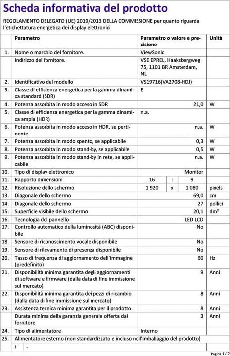 Valeurs nutritives et ingrédients Viewsonic Moniteur LED - Full HD - 27 pouces (1920 x 1080 pixels, 27")