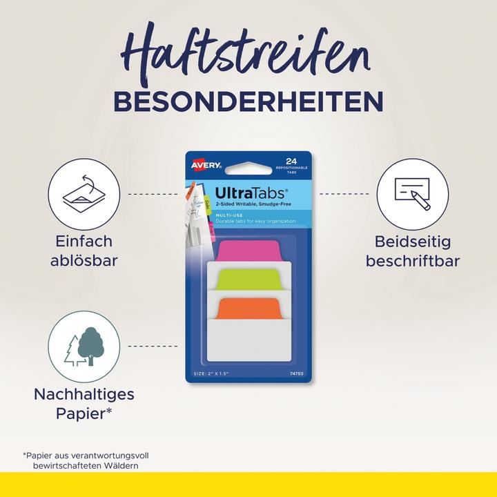 Produktbild Avery Zweckform Haftstreifen UltraTabs Neon 25,4 x 38 mm beschreibbare Taben, aus Polyester, papierbeschic