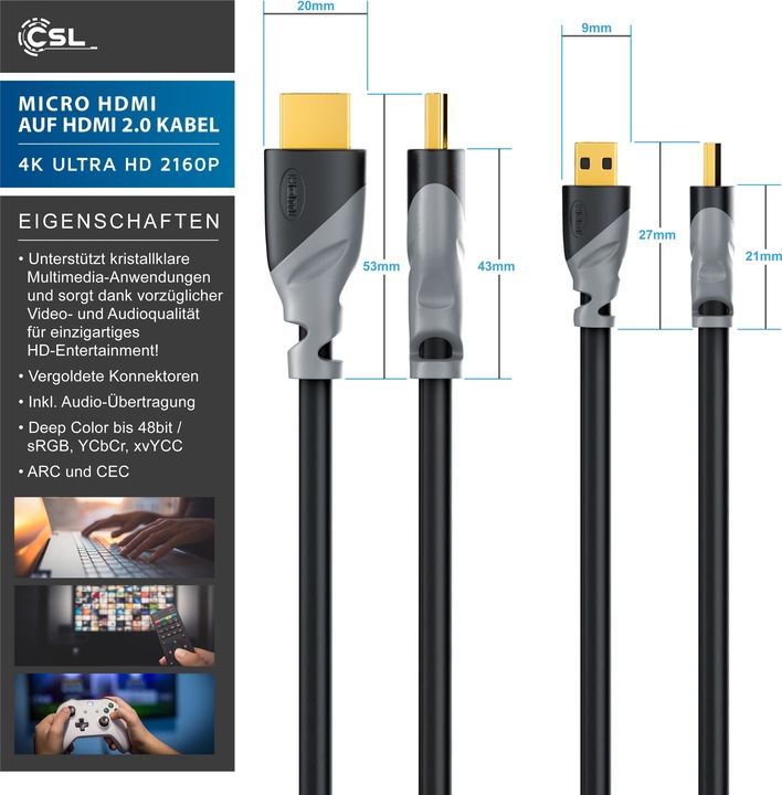 Produktbild CSL Micro HDMI Kabel 2.0 - 4k 60Hz Ultra HD - Full HD - 3D - Ethernet - 1080p 2160p - 3 fach geschirmt (2 m, HDMI)