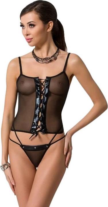 Produktbild Passion Korsett-Top aus Mesh mit Wetlook Schnürung plus String (S, M)