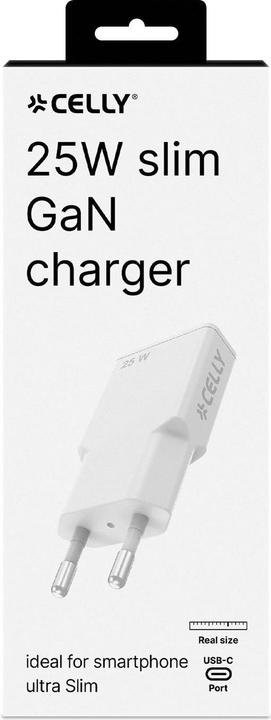 Celly - SLIMTC1C25WWH - 25W GaN Slim Wall Charger (25 W, 1 porzione)