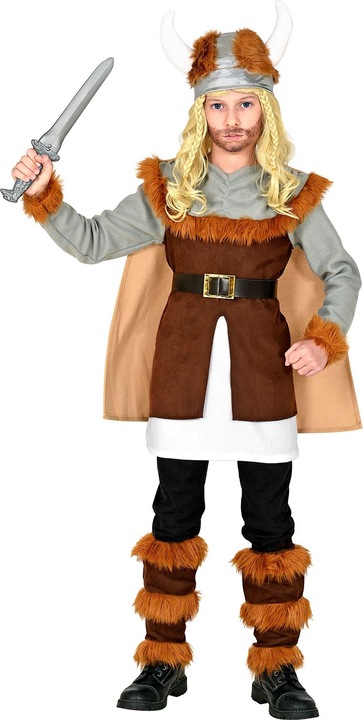 Immagine prodotto Widmann Costume da vichingo da ragazzo con tunica, cintura e mantello, scaldamuscoli, elmo (158)