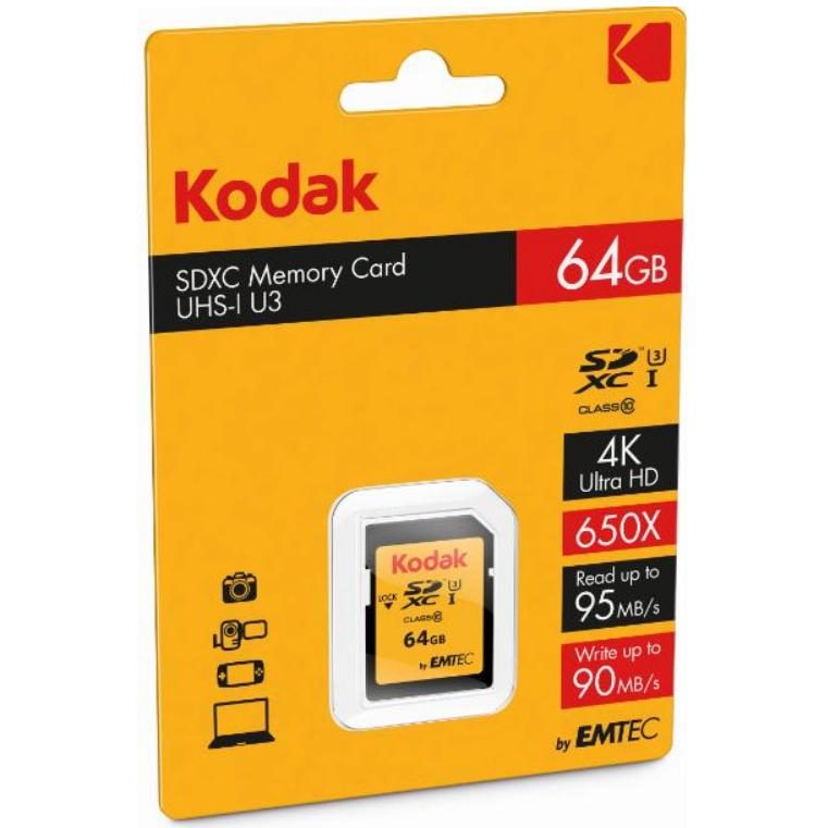 Kodak SDXC 64GB Class10 U3 (64 GB, SDXC, U3, UHS-I), Speicherkarte, Schwarz