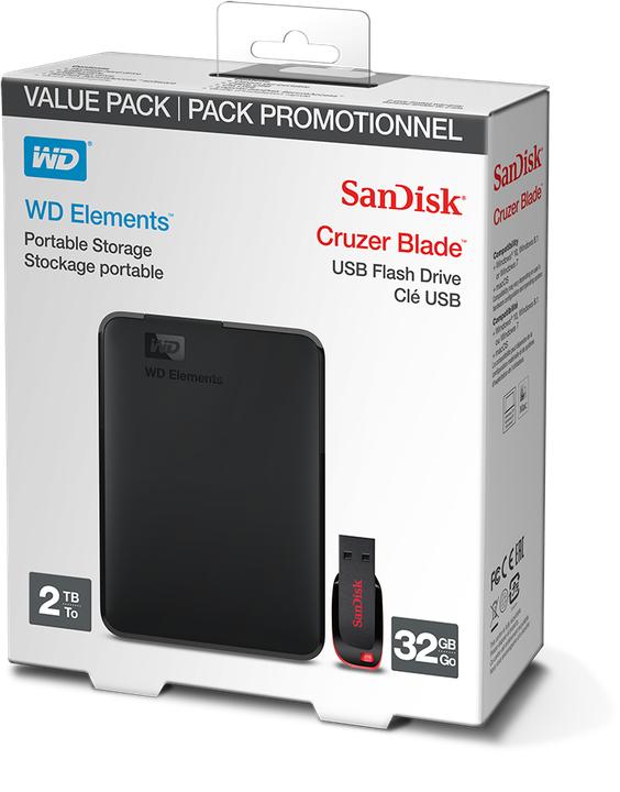 Image du produit WD Elements Portable 2TB plus 32GB USB 3.0 / Noir (2 To)