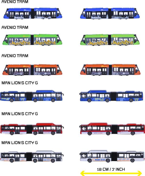 Actual product image Majorette City Bus MAN+ Siemens Tram, 6-sort.
