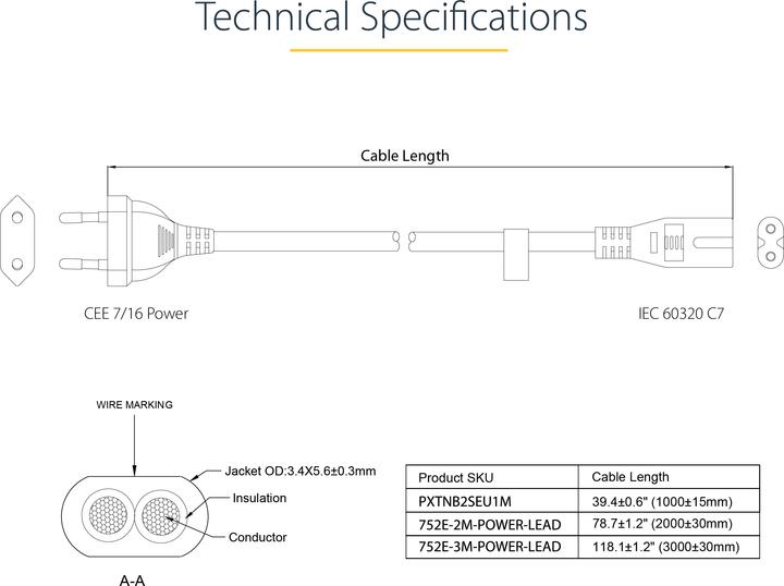 Actual product image StarTech com 2m (6ft) Laptop Power Cord, EU Plug to C7, 2.5A 250V, 18AWG, Laptop Replacement Cord, P (2 m)