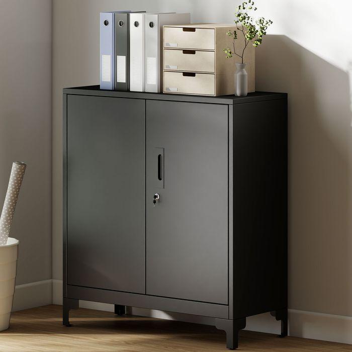 Produktbild Swisshandel24 Büroschrank aus Metall, verschliessbare Türen, Bürokommode, 2-stufiges Design, Schwarz (80 x 35 x 91 cm)