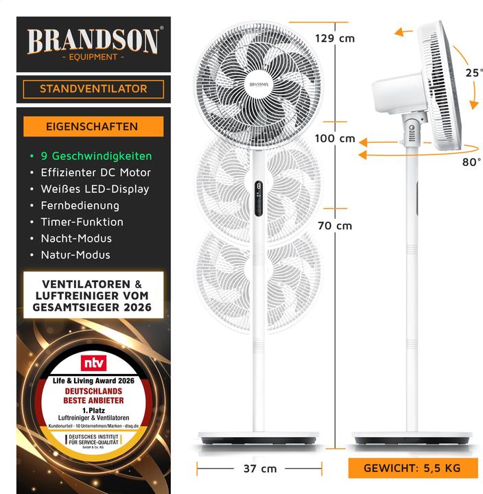 Produktbild Brandson Standventilator DC-Motor, leise, Oszillation, Fernbedienung, 30 W, 9 Geschwindigkeitsstufen (29.70 dB)