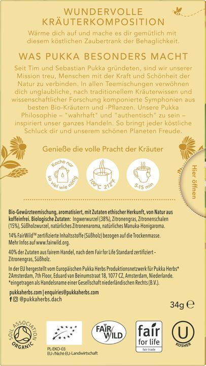 Nährwerte und Zutaten Pukka Bio-Tee Zitrone & Ingwer mit feiner Manuka-Honignote (34 g)