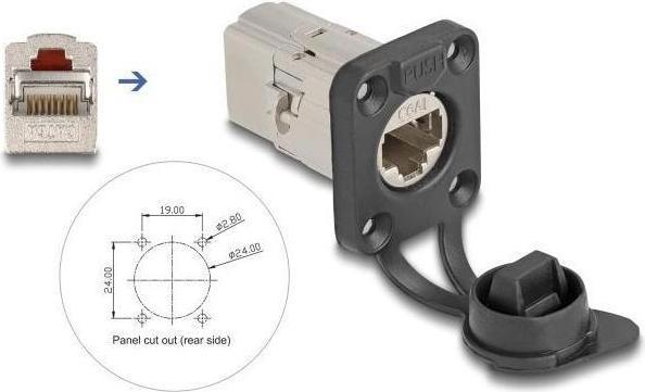 Produktbild Delock D-Typ RJ45 Einbaubuchse / Kupplung Cat.6A STP mit Schutzkappe IP66