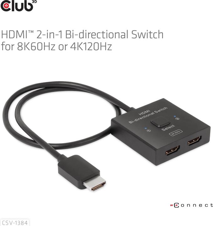 Club 3D Club3D HDMI Switch 2-in-1 bidirectional 8K60Hz/4K120Hz UHD retail