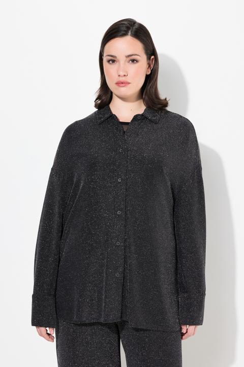 Actual product image Ulla Popken Damen grosse Grössen Jerseybluse, Glitter, Hemdkragen, Langarm schwarz 54+ 832683100-54+ (54)