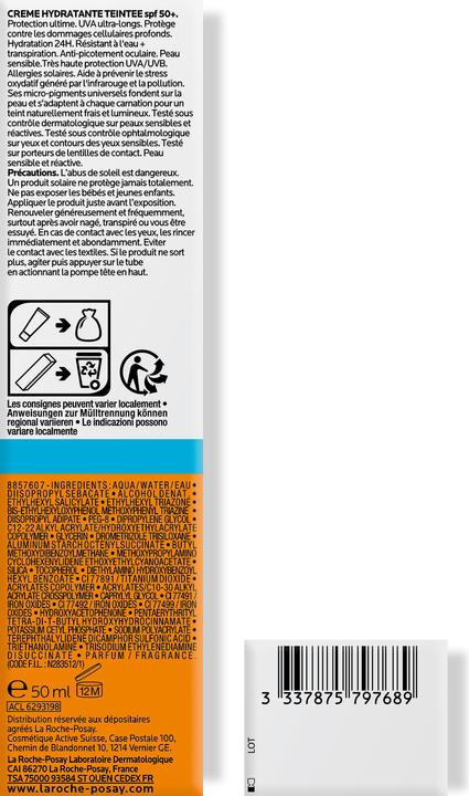 Image du produit La Roche Posay Anthelios Crème Hydratante teintée 50+ (Crème solaire visage, SPF 50+, 50 ml, 77 g)