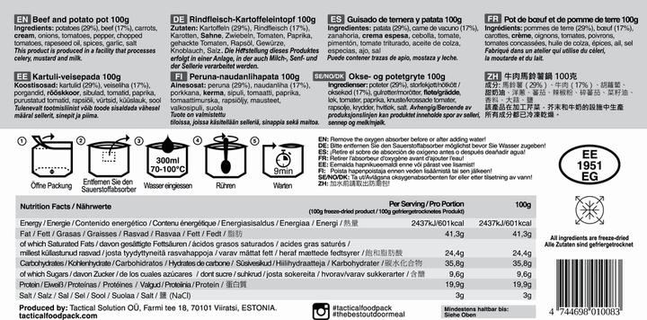 Valori nutrizionali e ingredienti Tactical Foodpack Manzo e patate in pentola (100 g)